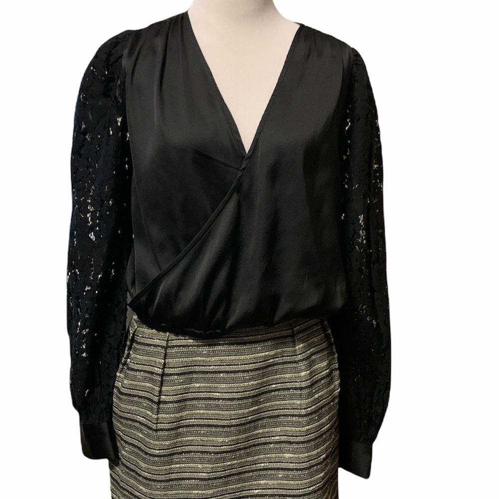 Express black silky cross over front, lace sleeves top, small, new